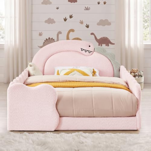 Image of Full Size Kids Bed with Dinosaur Headboard, Upholstered Boucle Fabric Twin Daybed with Slats Support & Side Pocket, Space-Saving Wooden Corner Sofa Couch Day Bed Frame for Girl, Boy, Teenager(Pink)