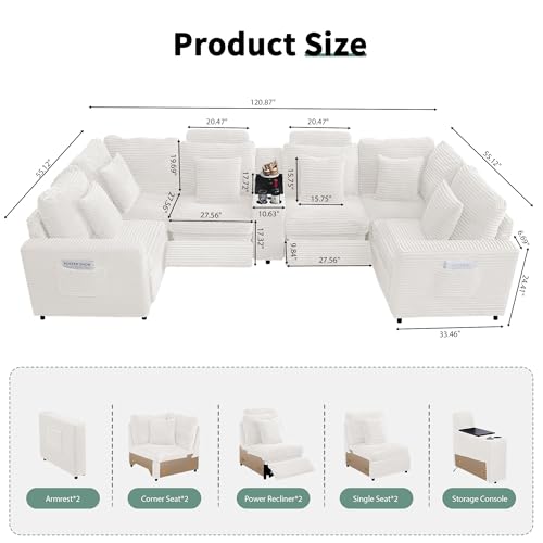 Image of RARZOE Oversized Modular Sectional Sofa with 2 Power Recliner, 6-Seater U-Shaped Corduroy Reclining Couch with Storage Console Charging Cup Holders, Sectional Reclining Couches for Living Room,White