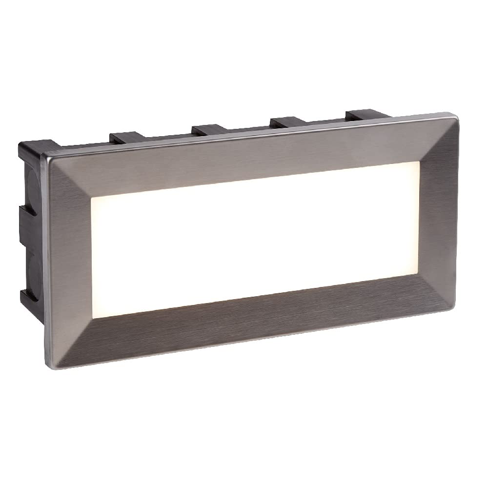 Britalia Stainless Steel Outdoor LED Modern Rectangular Recessed Mounted Brick Wall Light 205mm x 95mm | 200 Lumen 4000k Cool White | Recess Depth 55mm | IP65 Rated | 240V | Opal Diffuser