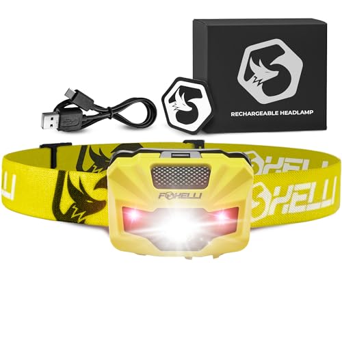 Foxelli USB‑C Rechargeable LED Headlamp – Ultra‑Light 2.4 oz & Bright 180 Lumens – Red/White Light,