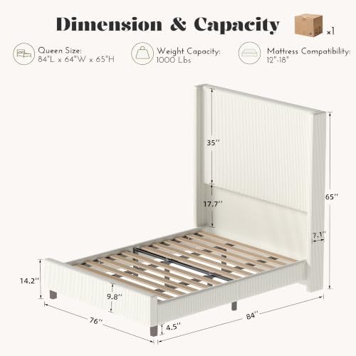 Ihanherry Queen Size 65" Tall Headboard Bed Frame with Charging Station, Upholstered Wingback Headboard with Washable Corduroy Cover, Noise Free, Solid Wood Slats & Legs, No Box Spring Needed, Beige - image 3