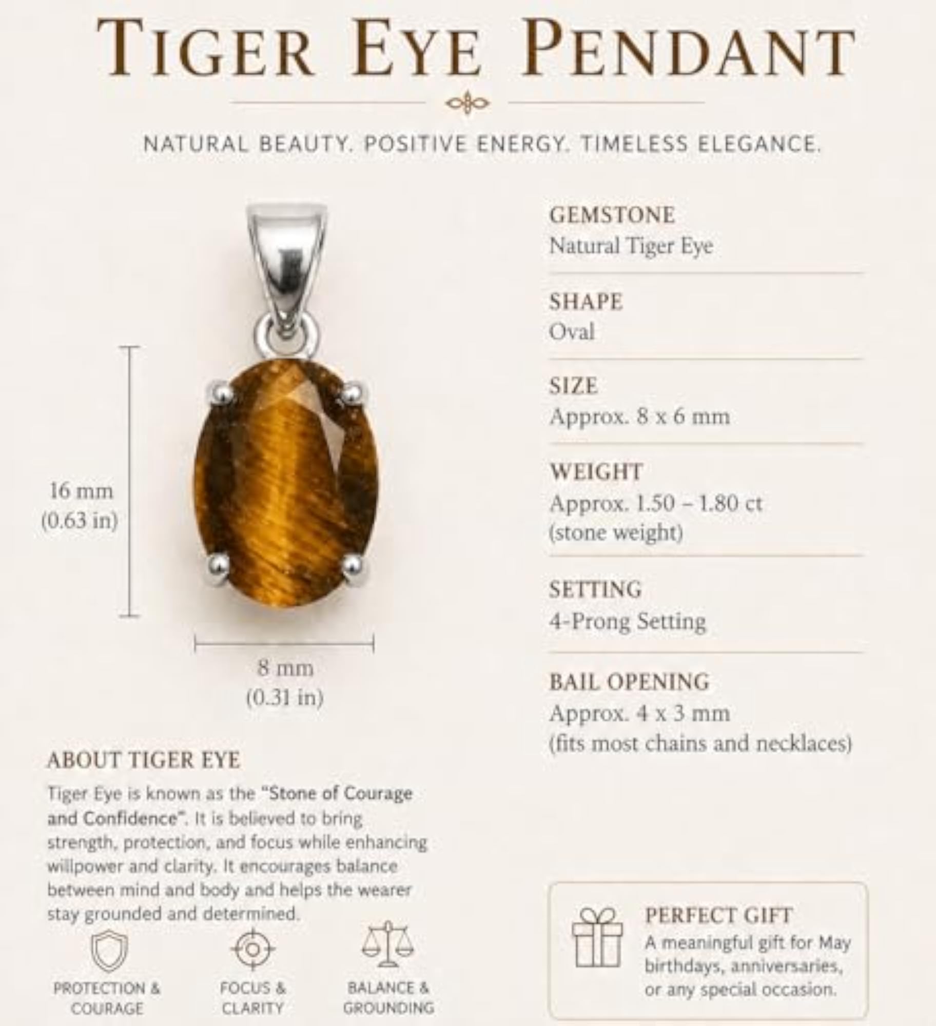 Natural Tiger Eye Pendant, Brown Gemstone Locket
