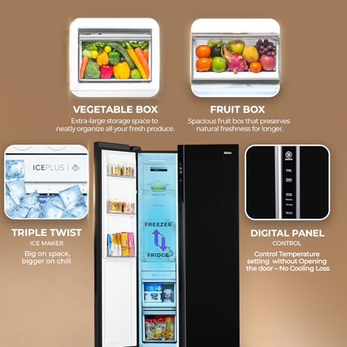 Image of Haier 602L 3Star 2 Door Side by Side Frost Free Refrigerator|100% Convertible|Expert Inverter Technology|Digital Display Panel|Triple Twist Ice Maker|Deo Fresh Technology (HRS-682KS, Black Steel)