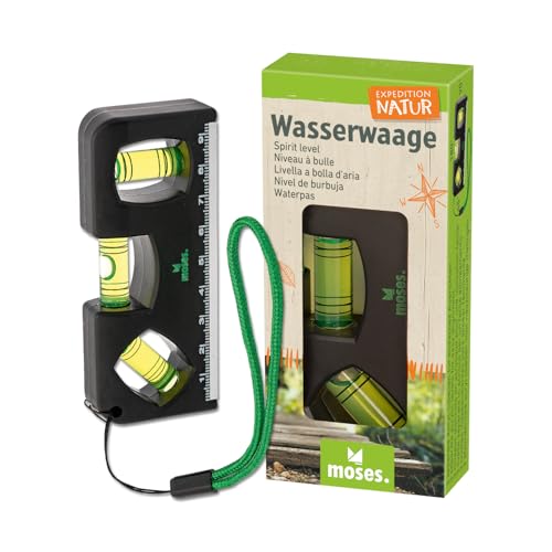 moses. Expedition Natur Kinder-Wasserwaage, Outdoor Wasserwaage mit Magnet, Lineal und Trageband, Robustes DIY- & Outdoor-Werkzeug für kleine Entdecker, Schwarz-Grün