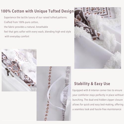 Image of Herside Light Brown 100% Cotton Boho Duvet Cover Set Queen Size, 3-Piece Tufted Textured Modern Boho Moroccan Bedding, Aztec Geometric Farmhouse Comforter Cover with 8 Corner Ties & Double Zipper