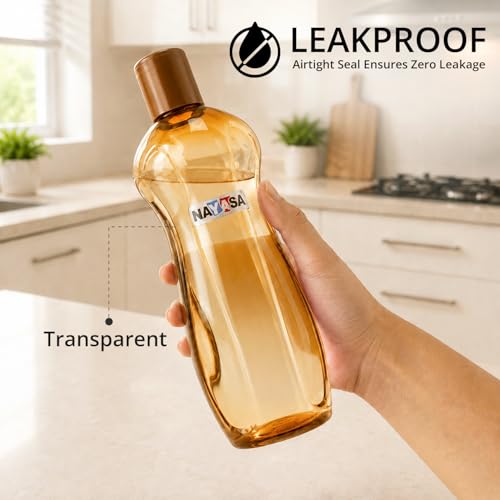 Image of Nayasa Loopy 1000 ML Pet Plastic Fridge Water Bottles Set of 6 | BPA Free | Leak Proof | Airtight Lid | Brown