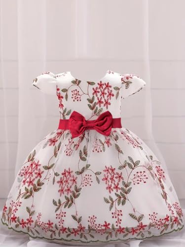 Image of Tagas Girls' Knee-Length Dress|Elegant Floral Embroidered Baby Girl Party Dress with Bow|Soft Net Layered Frock for Birthday, Wedding & Festive Occasions|Comfortable & Stylish