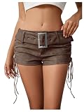 MakeMeChic Women's PU Leather Lace Up Ruched Tie Side Micro Shorts Low Waist Belted Festival Rave Mini Short Coffee Brown Small