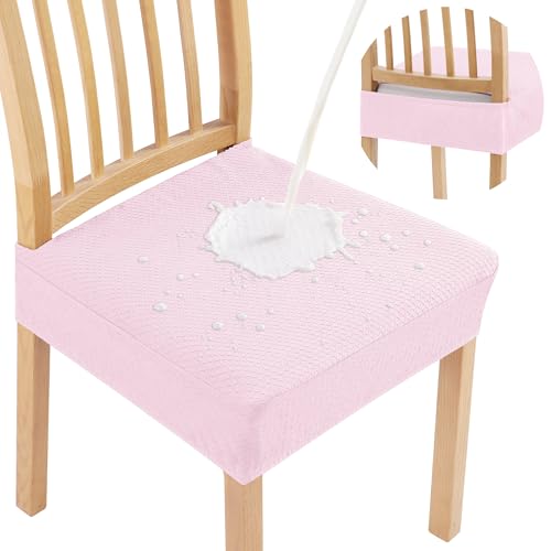 Image of Smiry Waterproof Seat Covers for Dining Room Chairs, No Rear Covers | Stretch Jacquard Removable Washable Chair Seat Slipcovers Protector, Set of 6, Pink