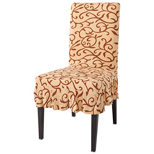 Image of HOKIPO Chair Slip Cover Set of 1 Stretchable Elastic Dining Seat Frill Cover (AR-4091-D6) ,Polyester Blend ,Beige