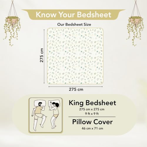 Image of Divine Casa Cotton King Size Bedsheet | 210 TC Soft Breathable Pigment Twill Satin Bed Sheet with 2 Pillow Covers | Luxury Bedding Set | 275 x 275 cm (Cream Beige, Floral)