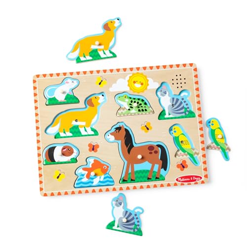 Melissa & Doug Zoo Pet Animals Sound Puzzle – 8-Piece Wooden Peg Puzzle with Light-Activated Sounds, Music Learning Toy for Toddlers and Preschoolers Ages 2+