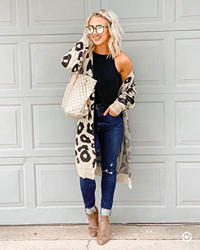 BTFBM Women Long Sleeve Open Front Leopard Knit Long Cardigan Casual Print Knitted Maxi Sweater Coat Outwear with Pockets (Khaki, Medium)
