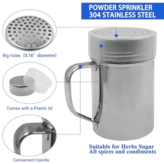 Large Size Powdered Sugar Shaker Duster with Handle, 2pcs Stainless Steel Powder Shakers for Pepper Cinnamon Powder Flour with Printing Molds Stencils - Fine & Large Mesh