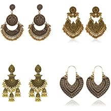 4 Pair Traditional Vintage Retro Antique Silver Gold Boho Bohemian Jewelry Ethnic Tribal Gypsy Engraved Hook Drop Dangle Jhumka Bells Tassel Earrings for Women