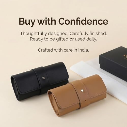 Image of Folk Creations Watch Roll for 4 Watches | Vegan Leather Travel Case for Men | Velvet Cushion Organizer | Gift for Collectors | Scratch-Proof Watch Storage Box, Tan