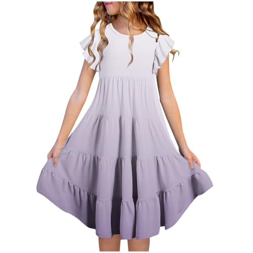 Girls Summer Dresses Tiered Ruffle Flutter Sleeve Flowy A-Line Sundress Casual Gradient Midi Dresses for 6-15 Years