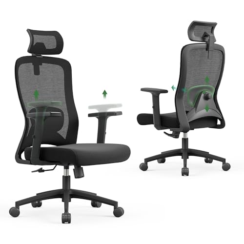 CALIYO Sammy Bürostuhl Ergonomisch, Schreibtischstuhl mit Verstellbarer Kopfstütze, Armlehnen, Lendenstütze und Wippfunktion – Atmungsaktiver Mesh-Drehstuhl, Gamingstuhl, Bürostuhl 150 kg, Schwarz
