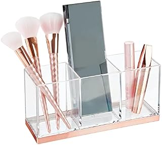 mDesign Makeup Storage with 3 Compartments  Practical Cosmetic Organiser  Cosmetic and Makeup Brush Holder  Clear/Rose Gold