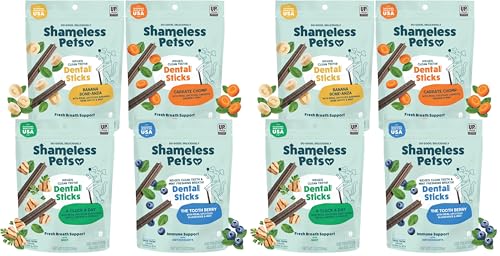 Image of Shameless Pets Dental Chews for Dogs, Variety (8-Pack) - Natural Dog Teeth Cleaning Treats with Fresh Breath Benefits | Grain-Free Dental Sticks for Small, Medium & Large Dogs