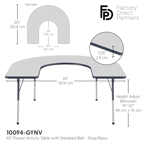 Image of FDP Horseshoe Activity School and Office Table (60 x 66 inch), Standard Legs with Ball Glides for Collaborative Seating Environments, Adjustable Height 19-30 inches - Gray Top and Navy Edge