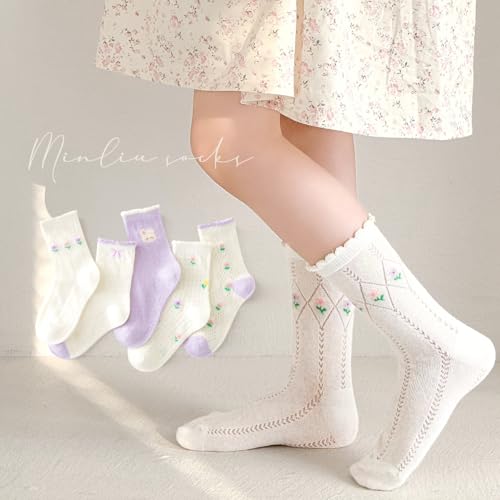 5 Pairs Lolita Kids Socks - Breathable Cotton Summer Socks for Girls - Cute Lace Trim, Anti-Slip3