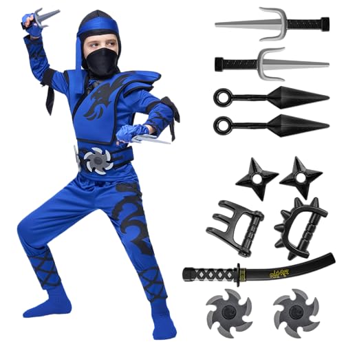 Spooktacular Creations Kids Ninja Costume, Birdy Blue Ninja Costume with Accessories for Boys Halloween Dress Up, Themed Parties, M