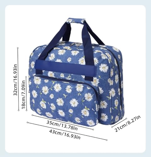 Dayanıklı Dikiş ve Örgü Organizeri, Dikiş Makinesi Taşıma Çantası Mavi Papatya Desenli– Trolley Pocketli