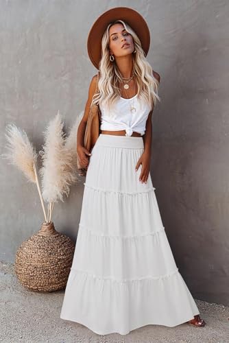 Women’s Summer Boho Maxi Skirts Smocked High Wasited Flowy Tiered Ruffle A Line Long Beach Skirt4