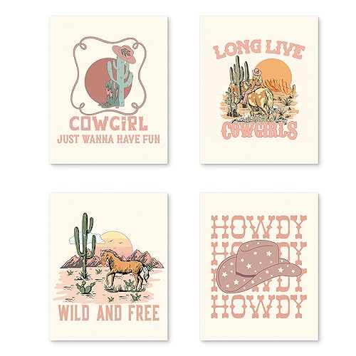 Image of PUHEI Retro Western Howdy Cowgirl Wall Art Prints Set of 4,Nursery Decor Girl, Western Room Decor For Teen Girls, Cowgirl Nursery Boho Bedroom Decorations (Unframed), 8 x 10 In