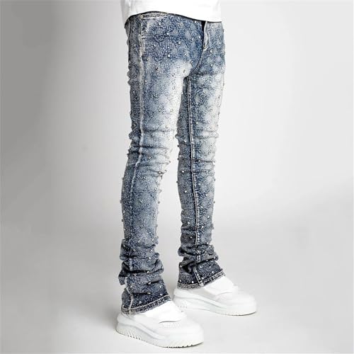 Men Stretch Faux Pearl Denim Pants Mid Rise Distressed Fashion Straight Jeans Y2K Causal Cozy Streetwear Trousers2