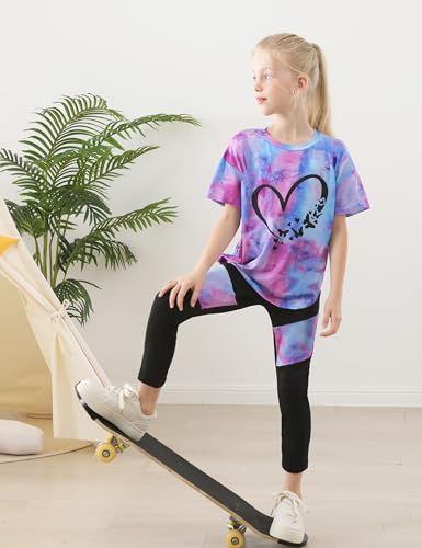 Image of Girls 2 Piece Outfits Kids Clothes Pants Sets Print Short Sleeve Top Leggings Spring Summer Tracksuit 4-13Y