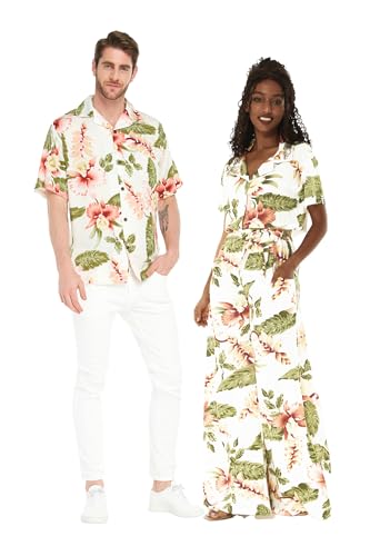 Matchable Couple Hawaiian Luau Shirt or Wide Legged with Pockets Jumpsuit in Rafelsia Cream