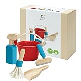 L'ensemble comprend un seau, un vaporisateur, une raclette, un balai et une pelle pour la poussière.