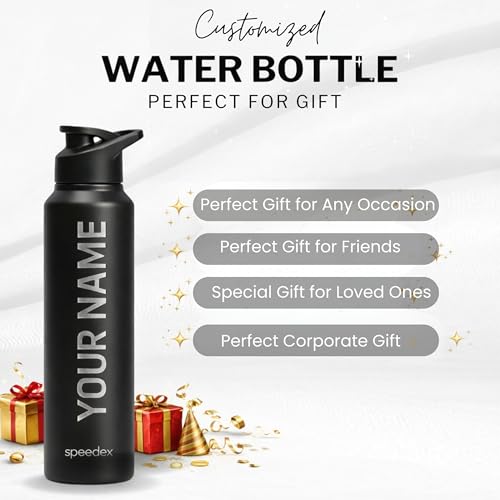 Image of Speedex Engraved Name Stainless Steel Sipper Water Bottle 1 Ltr - Customised Personalised Bottle for Kids & Adults, School, Gym, Sports, Black, Set of 1 (Black, Set Of 1)