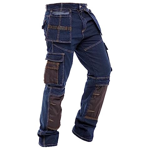 Mens Work Pants Tactical Utility Cargo Work Trousers Heavy Duty Construction Pants for Men Multi Pockets Denim Working Jeans Lt-Blue 38-32 Cover