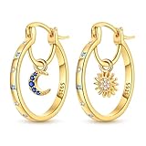 Parmuz Pendientes de aro de plata de ley 925 con circonita cúbica colorida en forma de U, estrella, luna, mariposa, pequeños, juego de joyas para mujer, Circonita cúbica, Circonita cúbica
