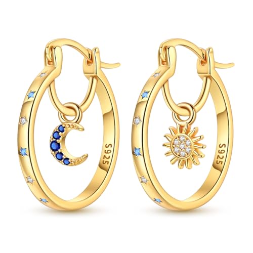 Parmuz Gold Plated Earrings Hoop Earrings Star Moon Cubic Zirconia Thin Round 925 Sterling Silver Hoops for Women