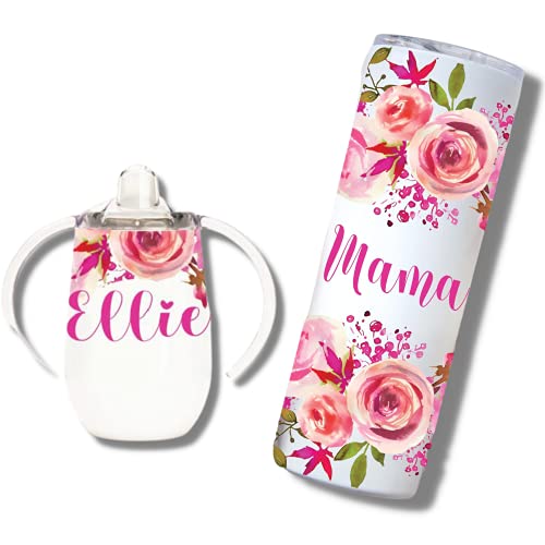 Personalized Insulated Stainless Steel Sippy Cup & Matching 20oz Skinny Tumbler | Any Name or Text | Pink Floral | Sippy cup for toddlers | Baby Shower