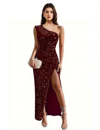 Womens Sequin One Shoulder Sleeveless Wedding Guest Dresses High Split Sparkly Glitter Gowns Bodycon Maxi Dresses