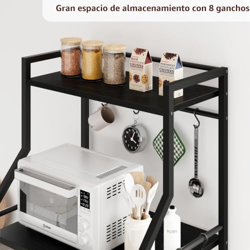 Miniatura 5 de Garvee Estante Industrial De Cocina De 5 Niveles Con Soporte Para Microondas Estante Negro Con 2 Cestas Grandes Y 8 Ganchos Para Organizar Especias Y Ollas