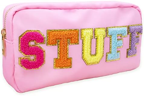 Fablinks Preppy Makeup Pouch, Chenille Varsity Letter Stuff Bag, Pink Nylon Skin Care Patch Bags Organizer, Girls Travel Make Up Skincare Cosmetic Zipper Bags for Women, Teen Easter Basket Stuffers