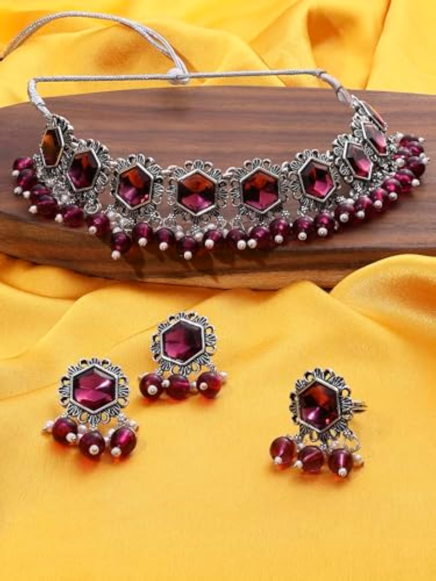 Women's Pink Stones & Beads Oxidised Choker Necklace Earring & Ring Set