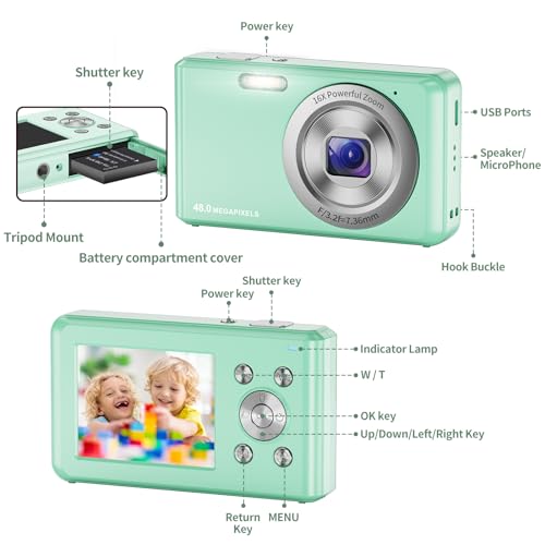 DigitalkameraHD-1080P-Fotokamera-Kompaktkamera-mit-32GB-Karte-48MP-Fotoapparat-24-LCD-16X-Digital-Zoom-Digital-Kamera-fur-Teenager-AnfangerGruner