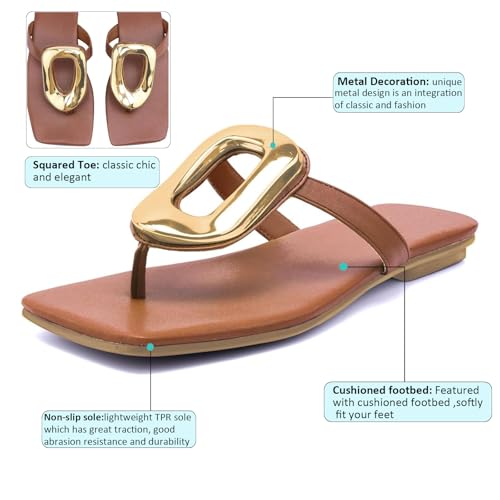 Flip Flops For Women Comfort Thong Flat Slide Sandals Summer Beach Open Square Toe Shoes with Metal Decoration Casual Fashion2