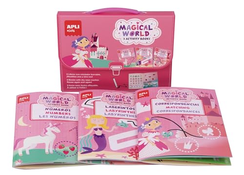 APLI Kids 18246  Maleta 3 Libros de Actividades temática fantasías   Ideal para Llevar   Libros plastificados con rotus borrables para Usar una y Otra Vez  a Partir de 3 años