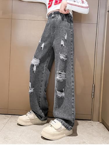 Kids Girls Elastic Waist Cool Ripped Jeans Washed Denim Wide Leg Ripped Denim Jean3