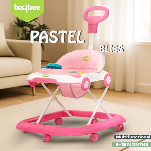 Image of Baybee Pastel Bliss Baby Walker for Kids | 3-Level Height Adjustable Walker with Parental Push Handle & Musical Toy Bar | Foldable Activity Walker for Babies 6 to 18 Months (Pink /White)
