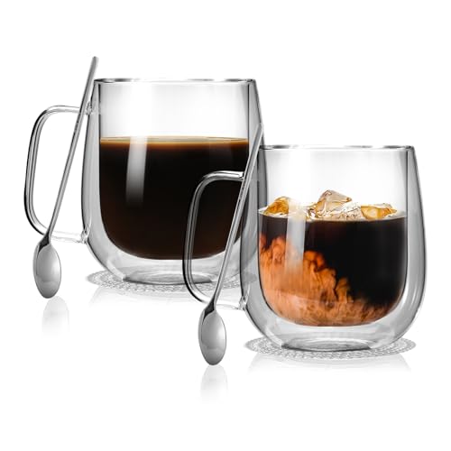 CNNIK Latte Macchiato Gläser Doppelwandige Kaffeegläser Espressotassen Cappuccino Tassen Kaffeetassen 2er Set 350ml Teegläser Doppelwandige Gläser mit Löffel, Untersetzer Cappuccinotassen