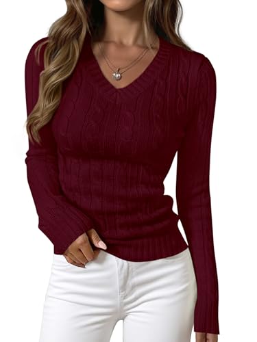 PRETTYGARDEN V Neck Cable Knit Sweaters for Women 2025 Long Sleeve Ribbed Fitted Pullover Tops Business Casual Fall Outfits(Burgundy,Small)
